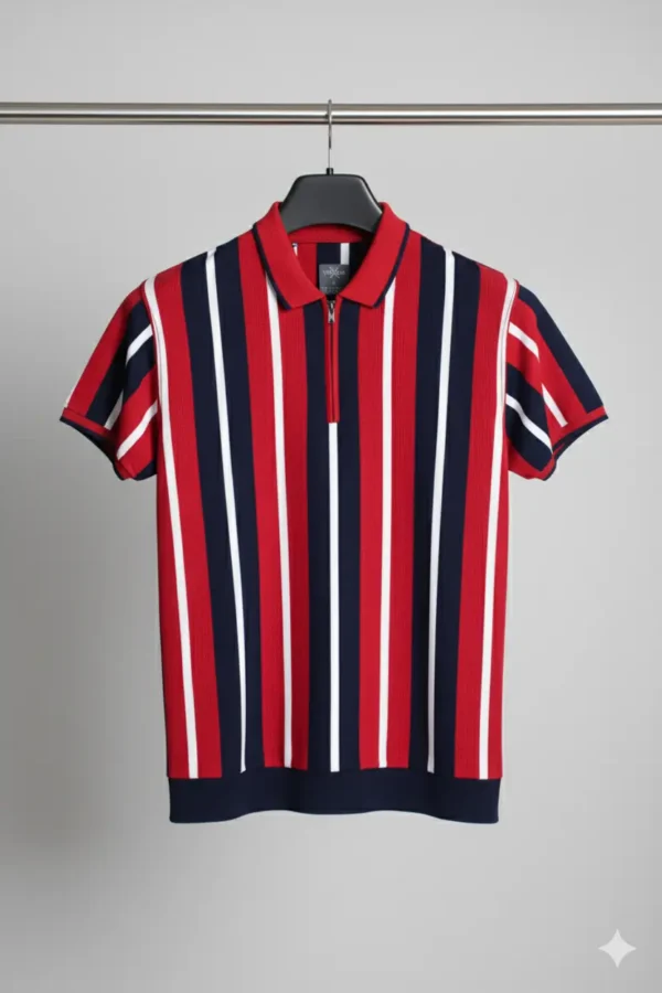 Men Red Striped Polo Collar T-shirt