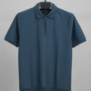 Men's Ribbed Quarter-Zip Polo Shirt - Dark Teal