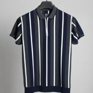 VOGUE Short Sleeve Striped Polo Tee with Zipper  - White, Navy & Charcoal