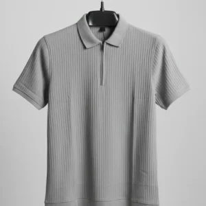 Men's Ribbed Quarter-Zip Polo Shirt - Light Grey