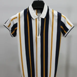 VOGUE Short Sleeve Striped Polo Tee with Zipper  - White, Navy & Yellow